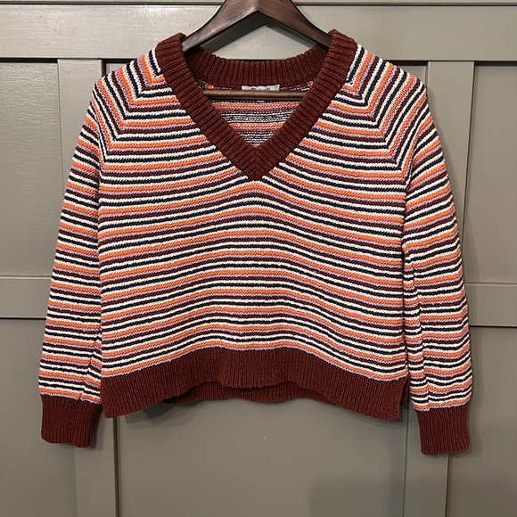 MADEWELL Arden V-Neck Crop Pullover Sweater in Stripe 100% Cotton Size Small - Picture 4 of 12